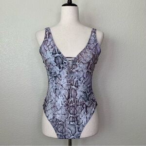 TiniBikini Snakeskin Deep V-neck Lace Up Onepiece Swimsuit